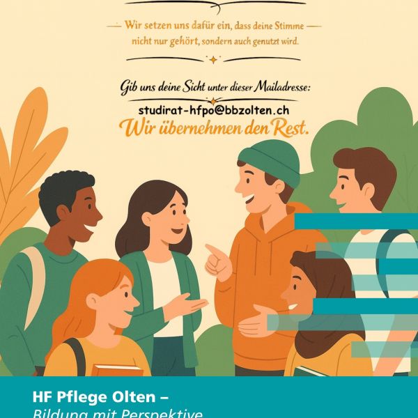 Dein Studium. Deine Meinung. Deine Stimme.
Der Studierendenrat sammelt eure Anliegen und macht sie sichtbar.
Schreib uns: studirat-hfpo@bbzolten.ch.
Von Studierenden für Studierende. 😊
#BBZ #GSBS #HFPO #Fachschule #Pflege #Olten #Bildung #Weiterbildung